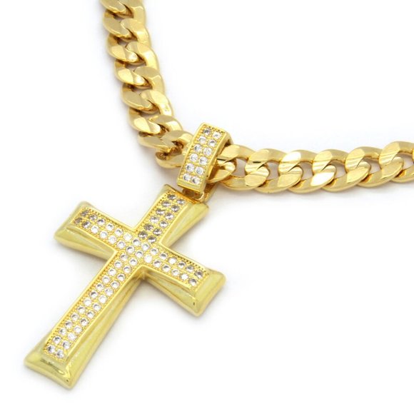 Cuban Chain Gold Cross Necklace for Men — WE ARE ALL SMITH NEW Mens 14K Gold Cross 24\